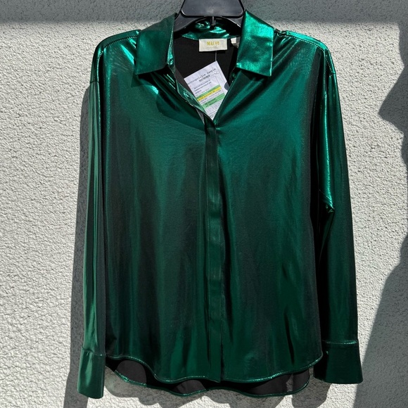 Anthropologie Tops - NWT Anthropologie green shiny Button‎ down Shirt size small